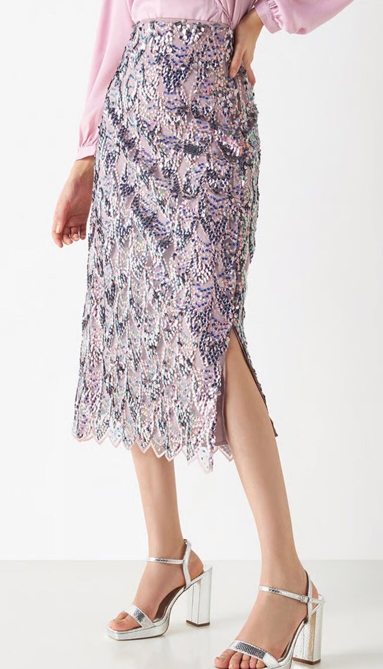 ZARA Sequin Embroidered Midi Skirt M Blush Pink Scalloped Party Evening